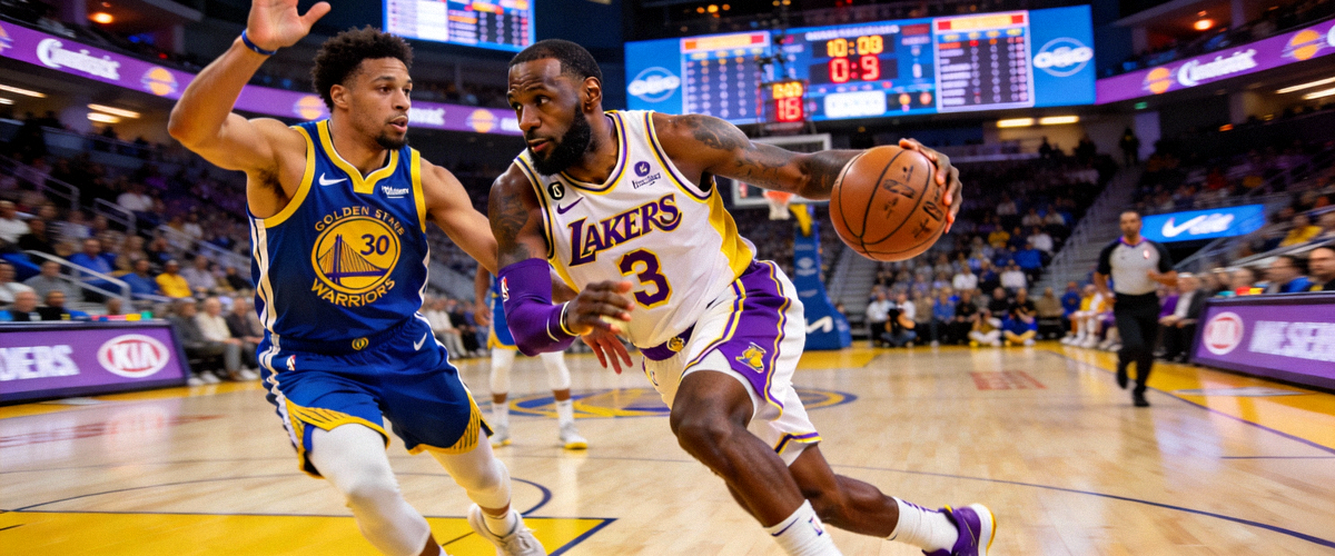 NBA湖人队对阵勇士队的比赛直播画面截图，显示球员正在激烈对抗